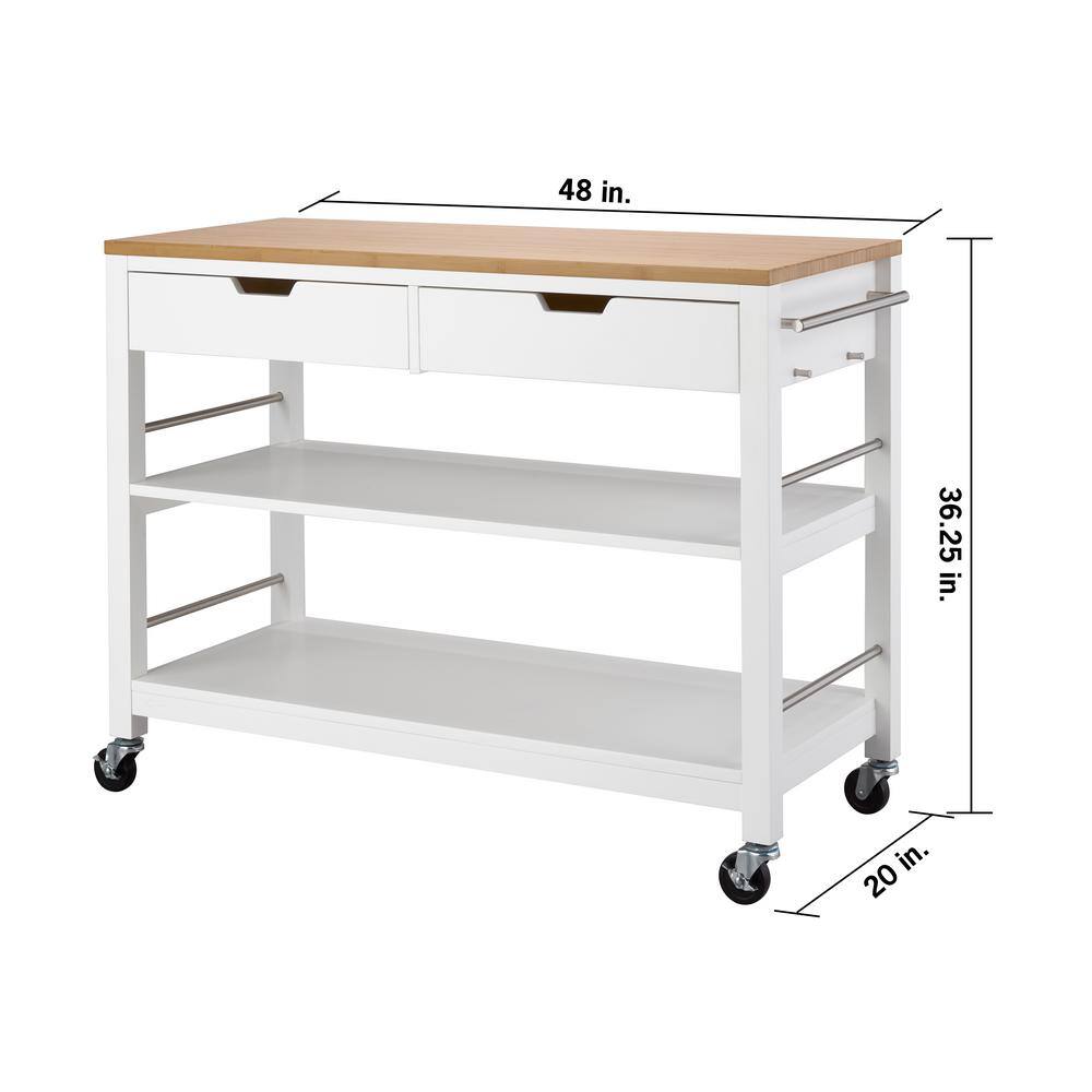 Sleek 48" White Rubberwood Kitchen Island with Stainless Steel Accents