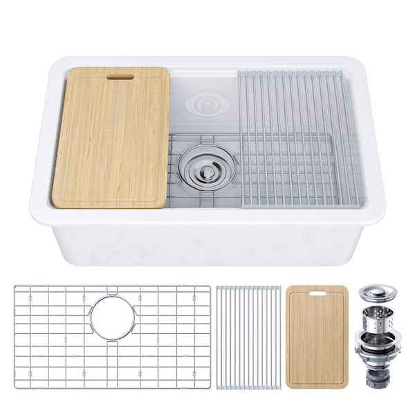 30 in. Drop-In Single Bowl White Ceramic Kitchen Sink Standard and Bottom Grid, Drain Assembly, Cutting Board