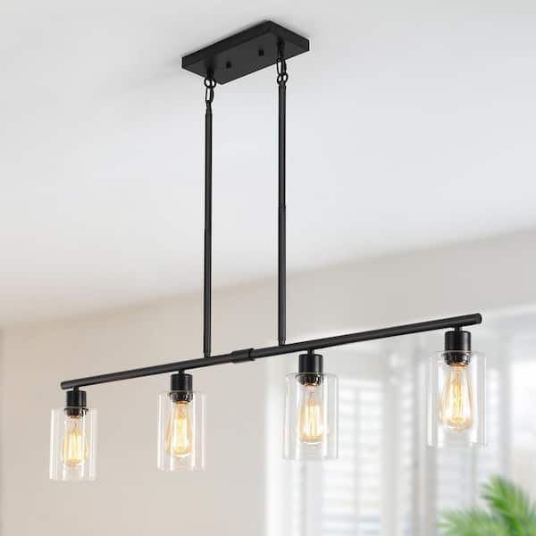 LWYTJO Delmis 4-Light Black Pendant Kitchen Linearlsland Rustic Chandelier with Clear Glass Shades for Living Dining Room Foyer
