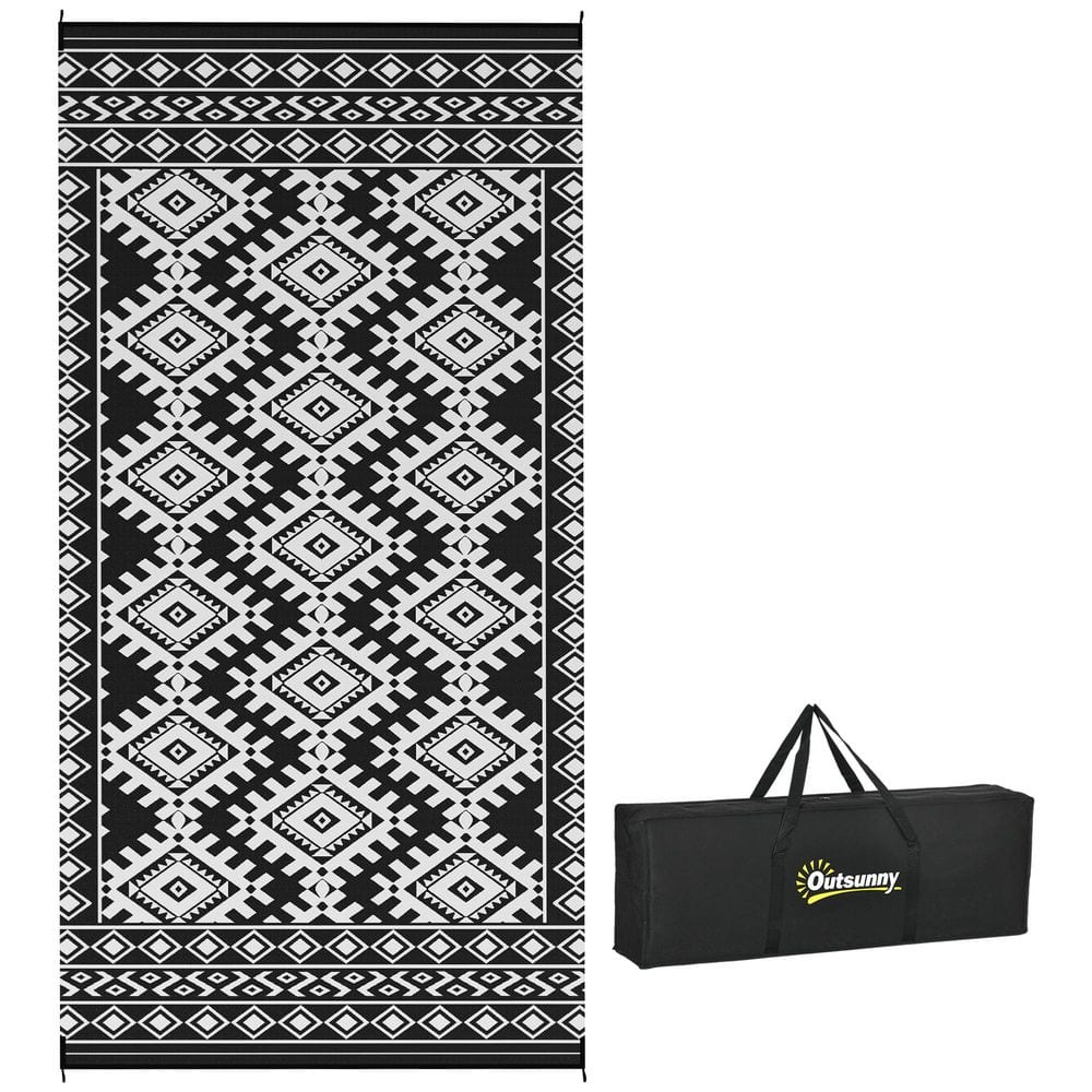 Black and White Rhombus Border 9 ft. x 18 ft. Waterproof Plastic Straw Floo