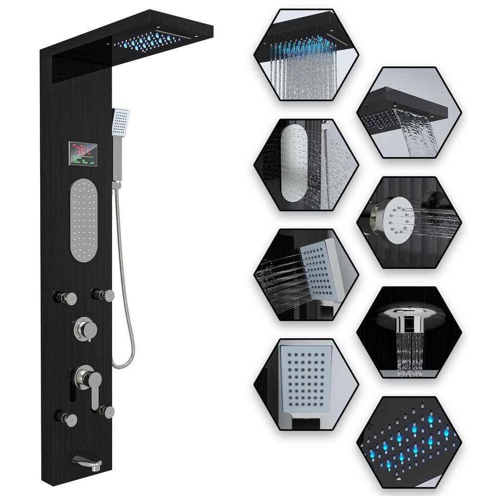 Kingdely 50.7 in. 5Jet Shower Tower Shower Panel System Black Stainless Steel With LED Shower