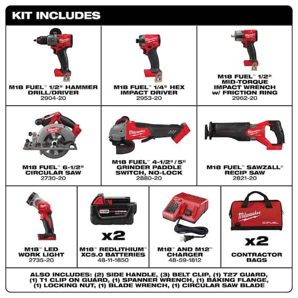 M18 FUEL 18V Cordless Combo Kit with 2 5.0 Ah Batteries, 1 Charger (7-Tool) w/ 50 4 1/2 in Metal Grinding Wheel Type 27