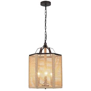 3-Light Brown Farmhouse Lantern-Style Chandelier with Hemp Rope for Living Room
