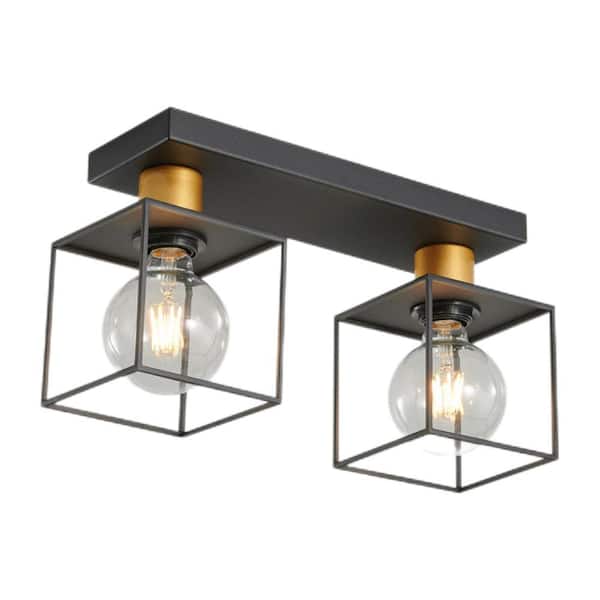 Keazile Lucine 16 in. 2-Light Black Gold Industrial Semi Flush Mount Light with Square Iron Shadeand E26 Socket