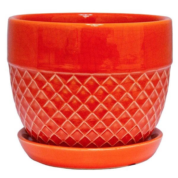 Trendspot 6 in. Dia Orange Acorn Bell Ceramic Planter