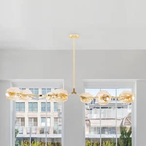 8-Light Amber Modern Linear Chandelier with Gold Adjustable Arms and Glass Shades