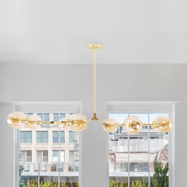 Bella Depot 8-Light Amber Modern Linear Chandelier with Gold Adjustable Arms and Glass Shades