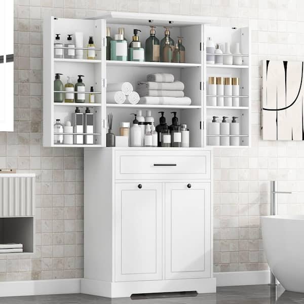 White 72.6 in. H Accent Cabinet,Bathroom Storage Cabinet w/ Doors and Drawers, Tilt-Out Laundry Hamper, Adjustable Shelf