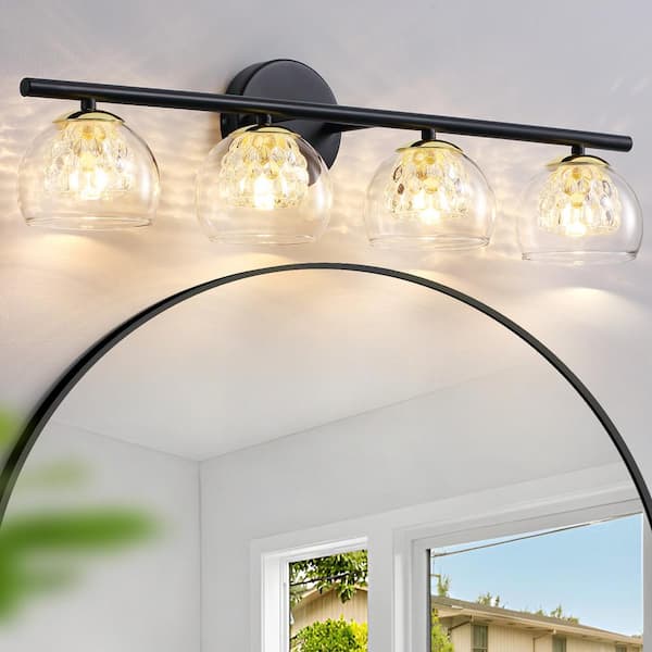 27 in. 4-Light Black/Gold Vanity Light w/ Clear Glass Outer Shade and Clear Crystal Glass for Hallways/Bedroom/Bathroom