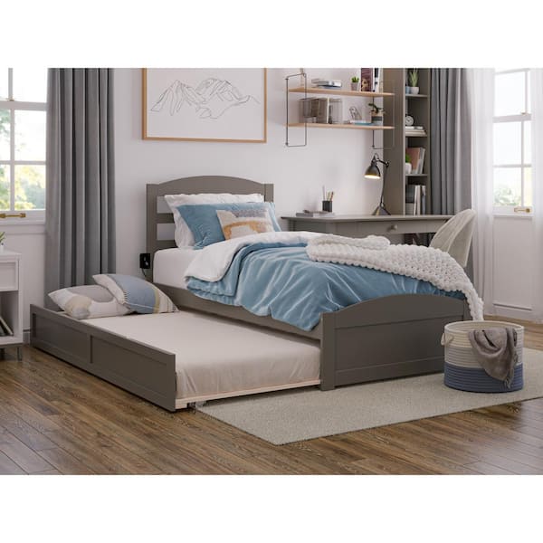 AFI Warren 38-1/4 in. W Grey Twin Solid Wood Frame with Twin Pull Out Trundle Bed Footboard a USB Charger Platform Bed