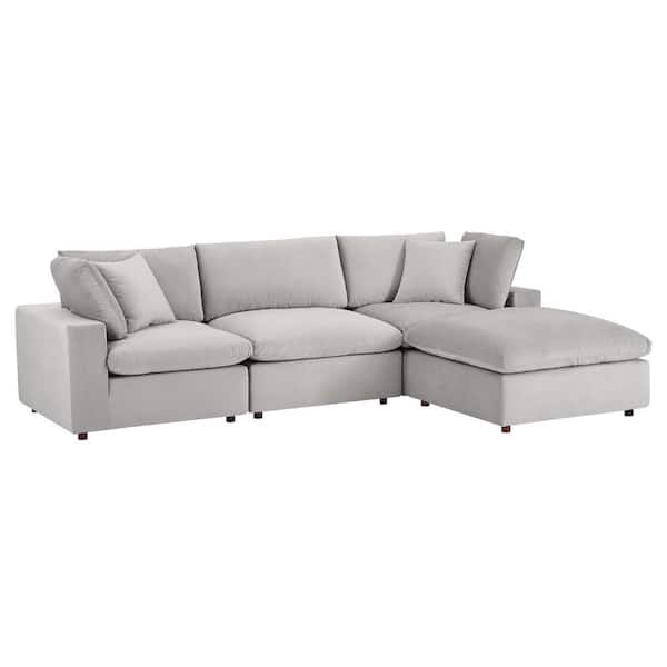 MODWAY Commix Down Filled Overstuffed Performance Velvet 4-Piece Sectional Sofa in Light Gray