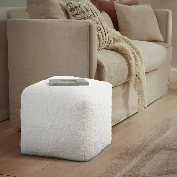 Lazzara Crocus OffWhite Fur Fabric Square Pouf P31011 The Home Depot