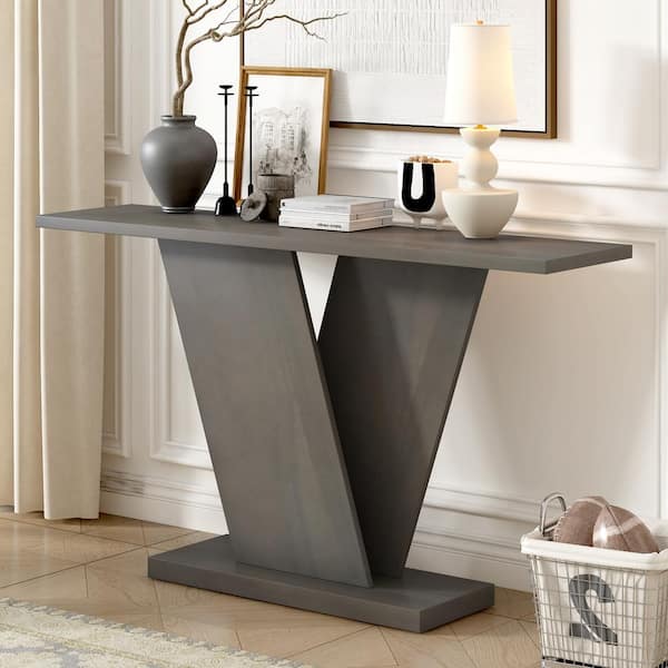 60 in. Taupe Rectangle Wood Console Table with V-Base Design