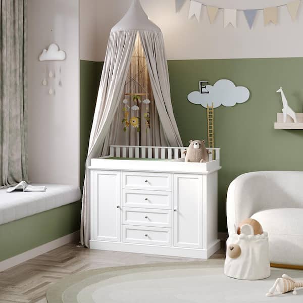 White Wood Changing Table, Kids Dresser Chest Cabinet with 4-Shelves, Changing Top and 4-Drawers