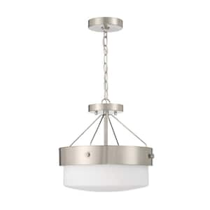 Oak Street 13 in. 2-Light Brushed Nickel Finish Traditional Convertible Semi Flush Mount Ceiling Light w/Frosted Shade