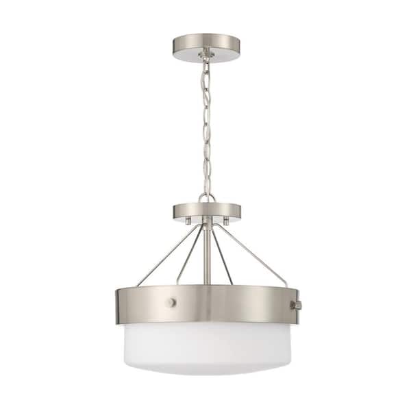 CRAFTMADE Oak Street 13 in. 2-Light Brushed Nickel Finish Traditional Convertible Semi Flush Mount Ceiling Light w/Frosted Shade