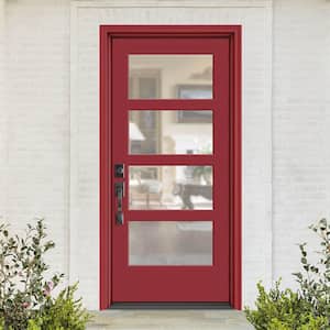 Performance Door System 36 in. x 80 in. VG 4-Lite Right-Hand Inswing Clear Red Smooth Fiberglass Prehung Front Door