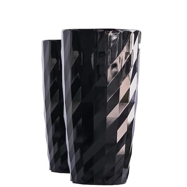 XBRAND 30 in. Tall Black Plastic Nested Self Watering Indoor/Outdoor Diamond Look Round Planter Pot (Set of 2)