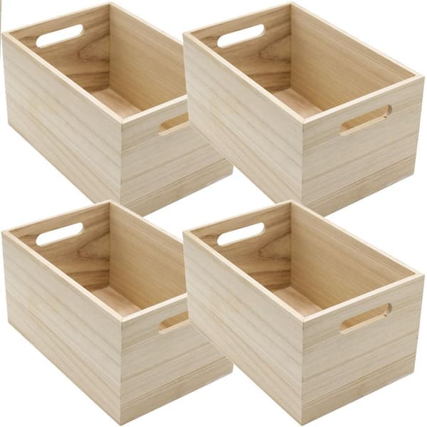 Unfinished Wood Crates, Brown 11.25 in. x 6 in. Wood Decorative Baskets (Set of 4), Wooden Bins for Pantry Organizing