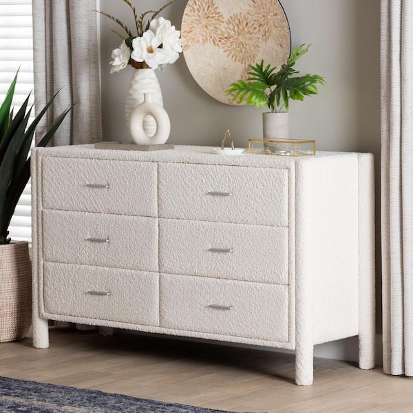 Baxton Studio Laria White Teddy Fabric 6-Drawer 50.8 in