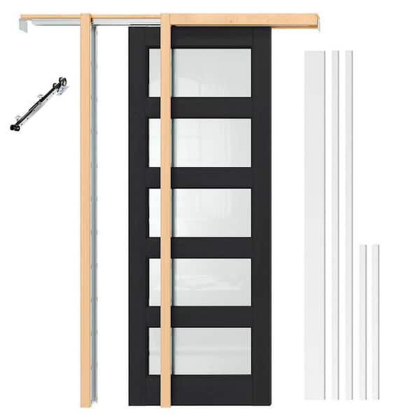 30 in. x 80 in. 5 Lite Frosted Glass Black Composite Pocket Door Slab with Door Frame Kit, Soft Close, Jamb and Header