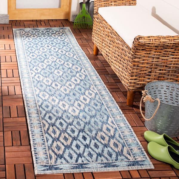 Courtyard Navy/Gray 2 ft. x 8 ft. Border Indoor/Outdoor Patio  Runner Rug