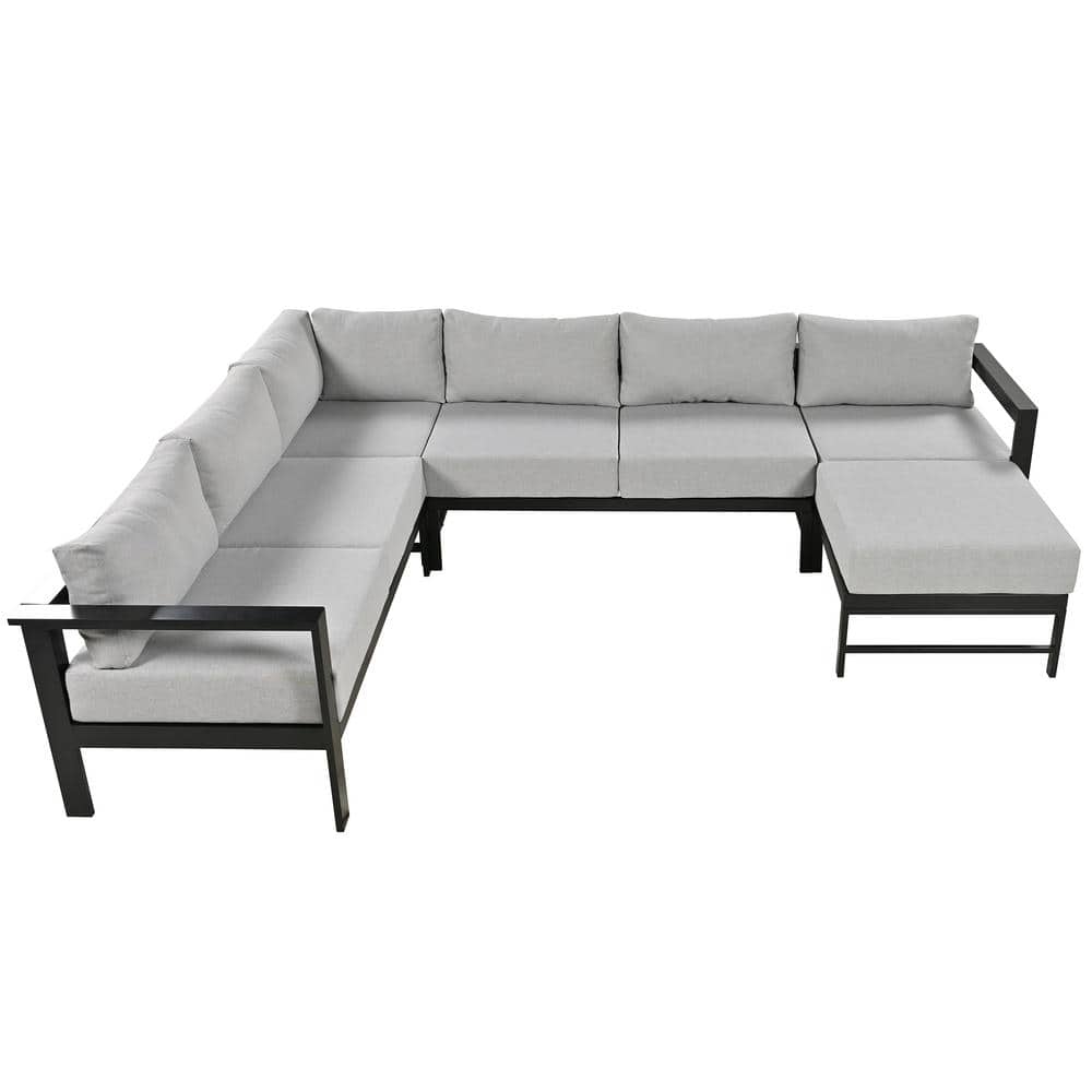 Black Frame Metal Outdoor Sectional Sofa Set, U-shaped Multi-person Patio S