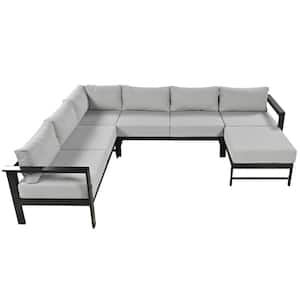 Black Frame Metal Outdoor Sectional Sofa Set, U-shaped Multi-person Patio Sofa Set, with Grey Cushions, for Gardens