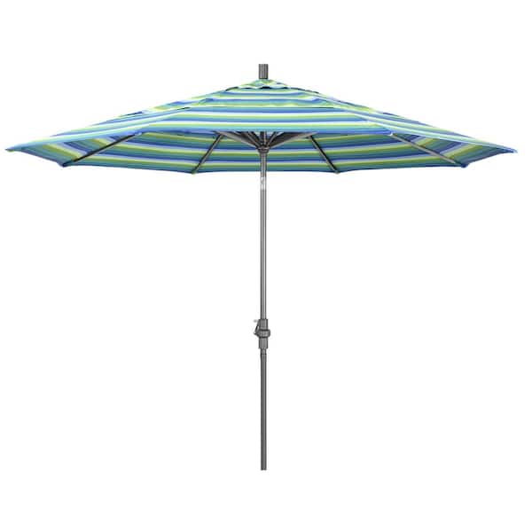 California Umbrella 11 ft. Hammertone Grey Aluminum Market Patio Umbrella with Crank Lift in Seville Seaside Sunbrella