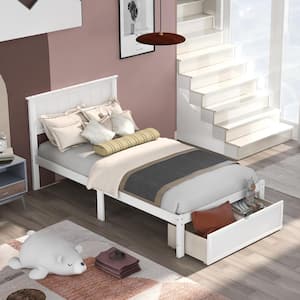 Modern White Wood Frame Twin Size Platform Bed with Headboard and Under-Bed Drawer