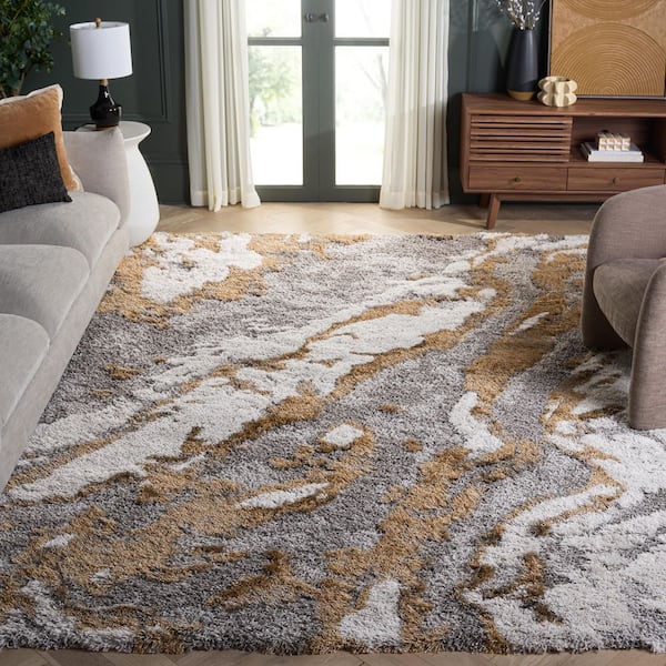 Horizon Shag 10 ft. x 10 ft. Square Gray/Gold Abstract Marble Area Rug