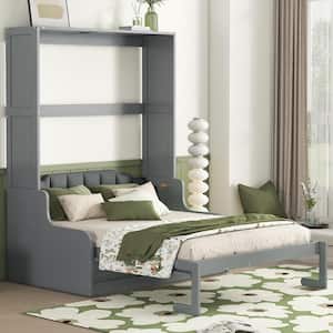 Gray Wood Frame Queen Size Murphy Bed, Wall Bed with Cushion, Folded into a Cabinet with 2-Seat Chair, Headboard