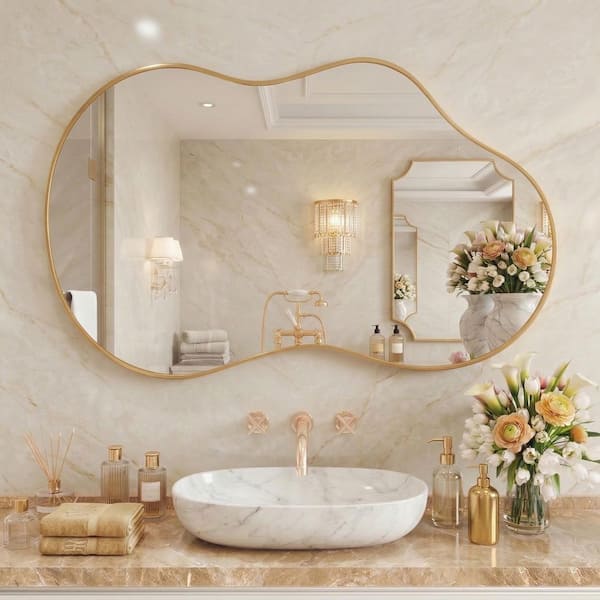 Gold 26 in W x 46 in. H Abstract Wavy Irregular Aluminum Alloy Framed Mirror for Bathroom, Living Room, Entryway