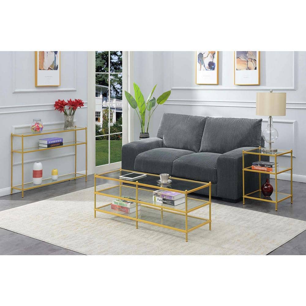 Elegant Gold-Finish 3-Tier Glass Coffee Table, 48" Rectangular