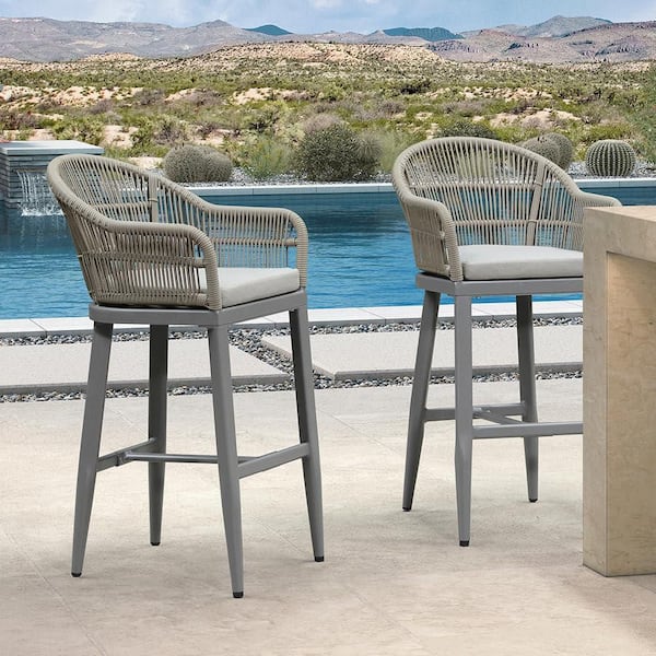 Modern Aluminum Rattan Bar Height Outdoor Bar Stool with Back and Gray Cushion, Light Gray (2-Pack)