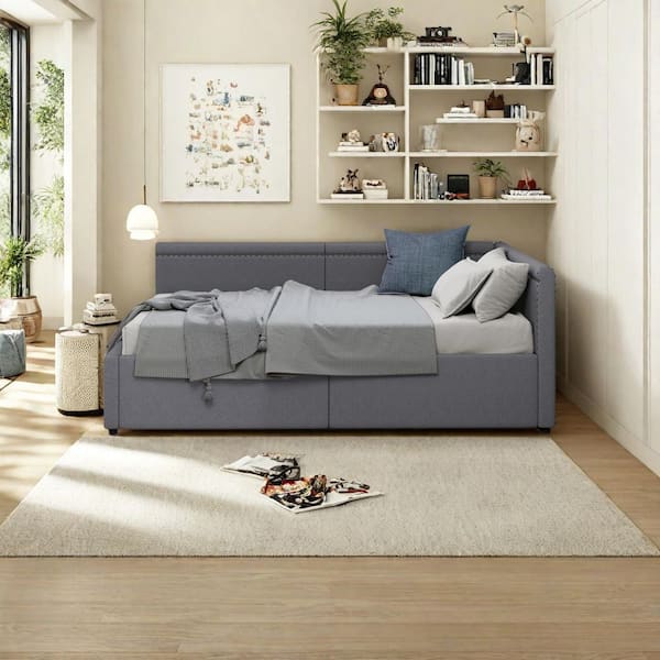 Sherwin Gray Linen Upholstered Twin Size Daybed with 2 Storage Drawers