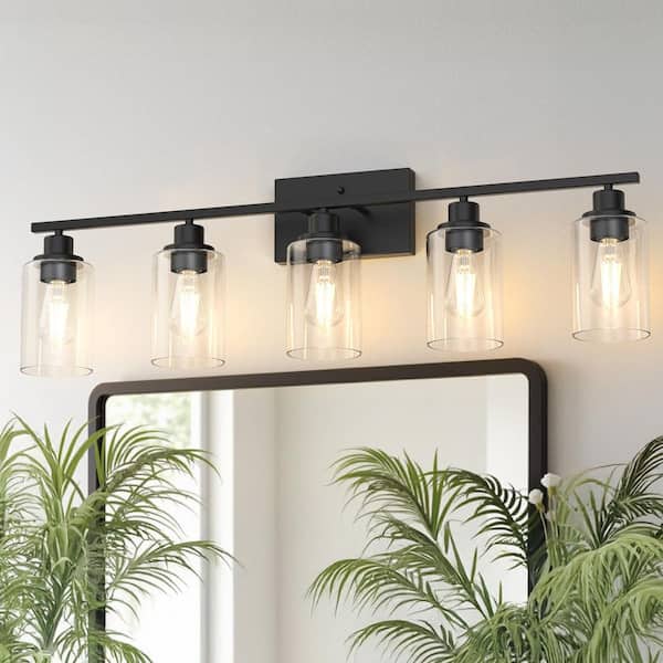 35 in. 5-Light Matte Black Industrial Bathroom Vanity Light with Clear Glass Shades,Wall Mount Over Mirror Light Fixture