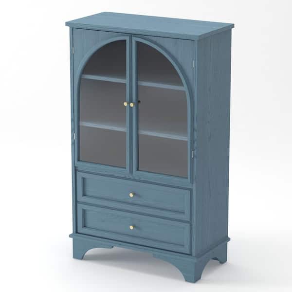 52 in. H Glass Door Display Case Accent Storage Cabinet with 2 Drawers and Adjustable Shelf Wood Curio Cabinet, Blue