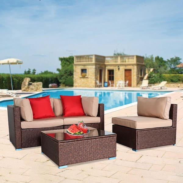 Wateday Outdoor Brown 4-Piece Wicker Patio Conversation Seating Set with Light Brown Cushions