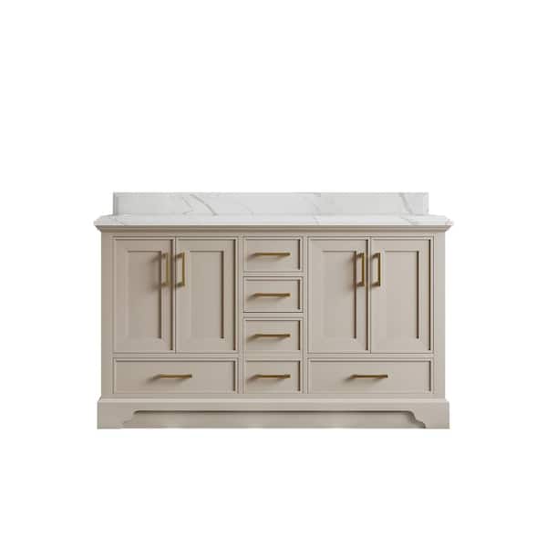 Willow Collections Charlotte 60 in. Double Sink Freestanding Fine Grain Bath Vanity with Calacatta Laza Qt. Top Unassembled
