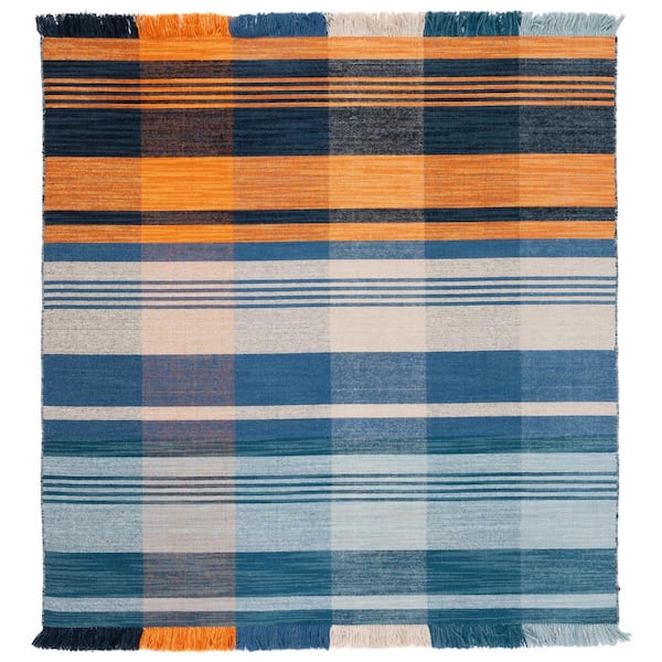 SAFAVIEH Striped Kilim Orange Blue 6 ft. x 6 ft. Plaid Striped Square Area Rug