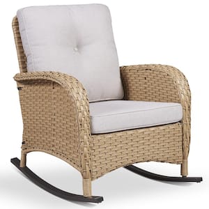 PlainCurve Metal and Yellow Wicker Outdoor Rocking Chair with Olefin Beige Cushions