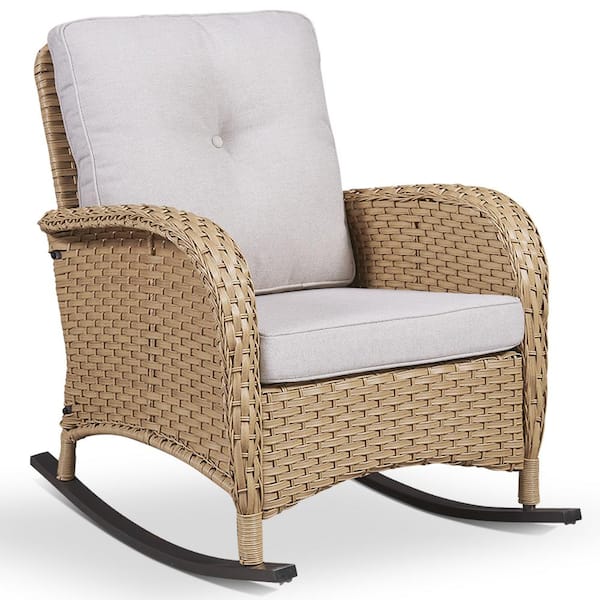 Opohoro Yellow Wicker Outdoor Rocking Chair, 1-Piece Patio Rattan Rocker Chair with Beige Cushions for Garden Backyard Porch