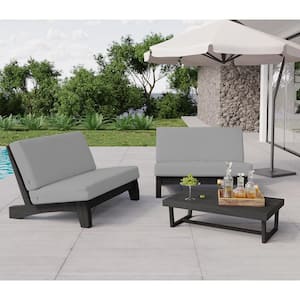 3-Piece Acacia Wood Black Outdoor Bistro Club Loveseat Chair Set with Removable Gray Cushions and Coffee Table