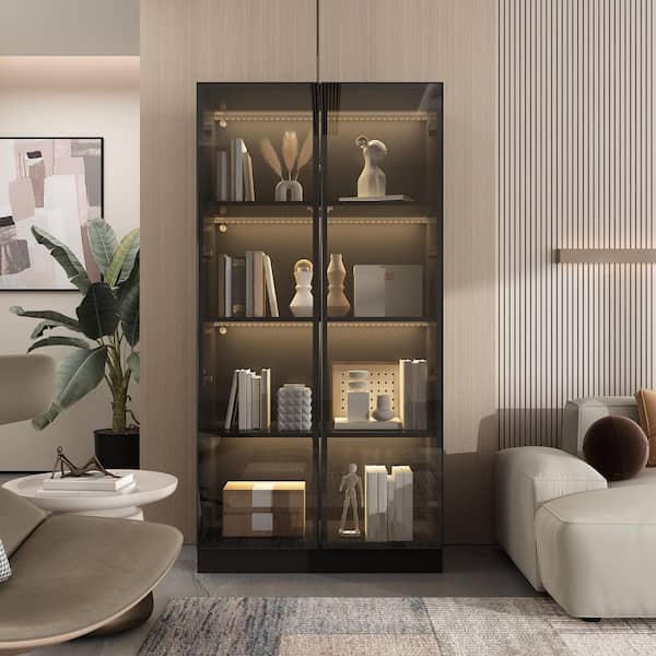 Yizosh Metal Storage Cabinet With Glass Doors - 35.4" Locking Display 2 Adjustable Shelves 3 Tier Steel Locker Home Office Living Room Bedroom