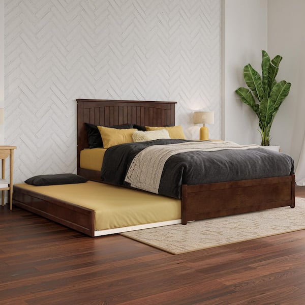 AFI Malta Walnut Brown Solid Wood Frame Full Platform Bed with Panel Footboard and Twin Trundle