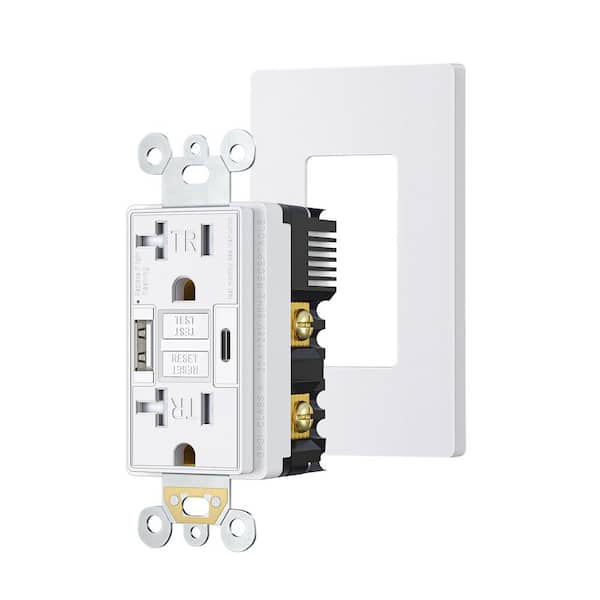 White 20 amp Tamper Resistant GFCI Duplex Outlet with USB-A, USB-C charger