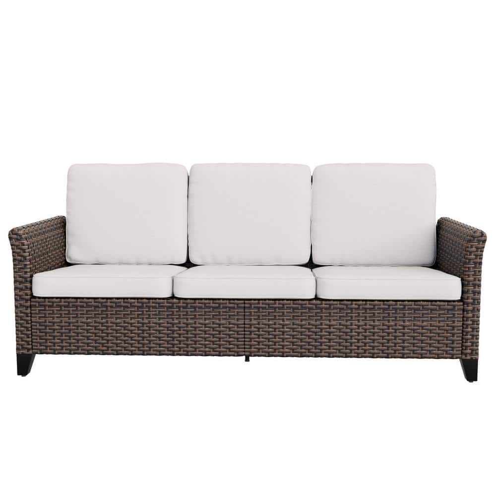 Outdoor Multi-Brown Wicker and Steel 3-Seat Sofa with Beige Cushions