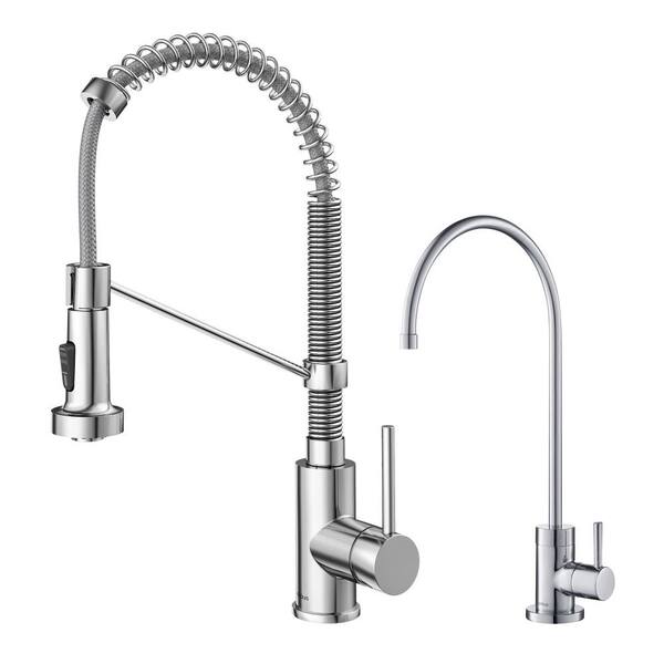 KRAUS Bolden Commercial 1-Handle Pull-Down Kitchen Faucet and Purita Water Filtration Faucet in Chrome