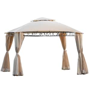 10.6 ft. x 9.4 ft. Double Tiered Outdoor Patio BBQ Gazebo Canopy Tent in Beige